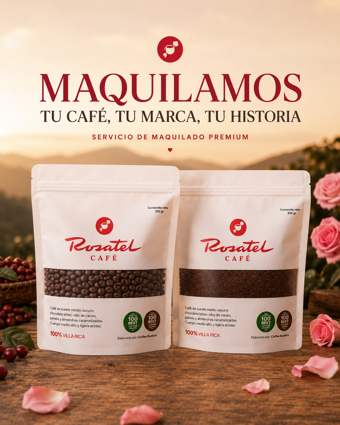 Café Rosatel maquilado por Coffee Busters — servicio de marca blanca de café de especialidad