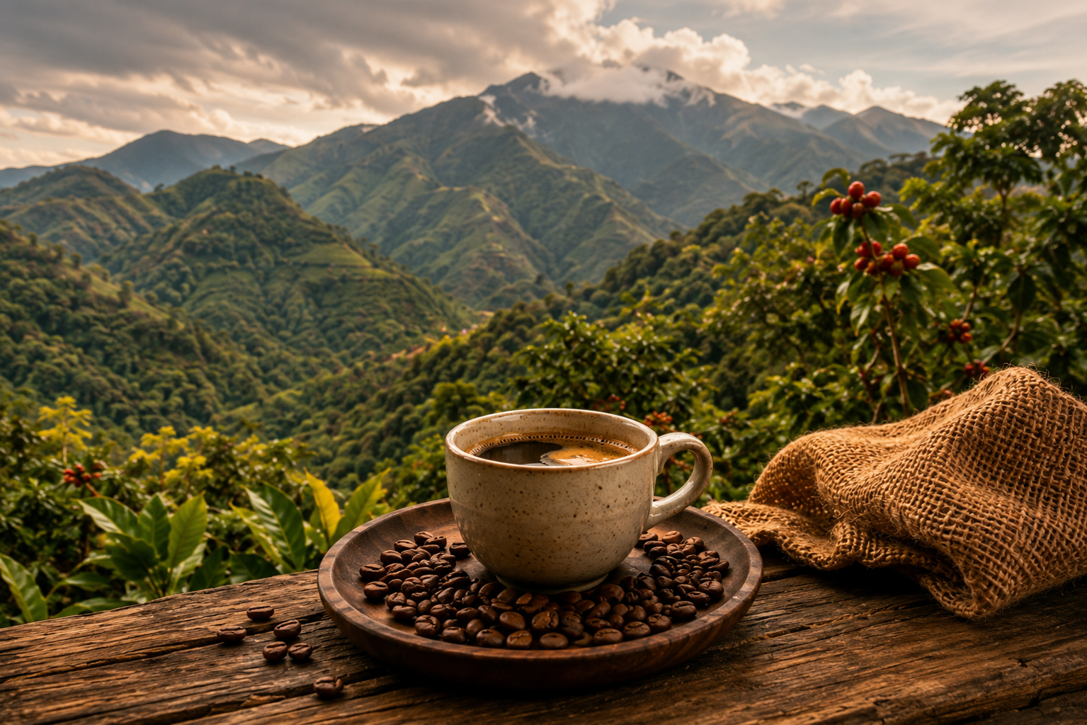 Taza de café de especialidad frente a las montañas de los Andes peruanos con una rama de café