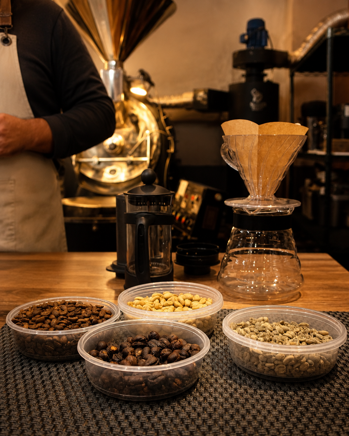 Métodos de preparación y muestras de café verde y tostado