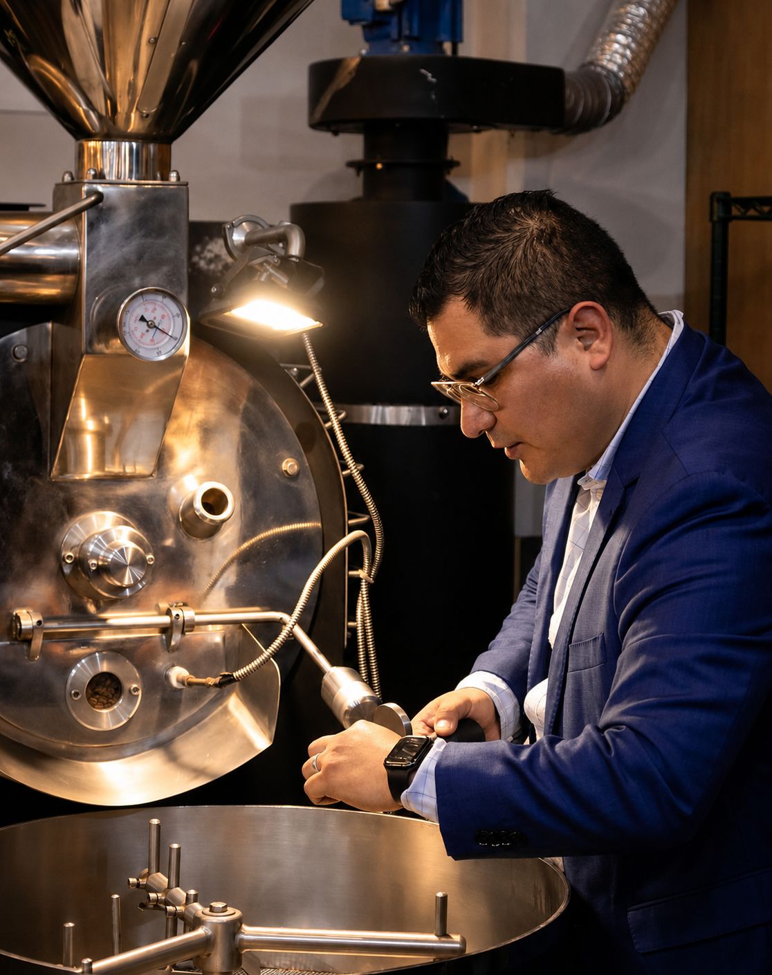 Maestro tostador operando el tostador en la tostaduría Coffee Busters